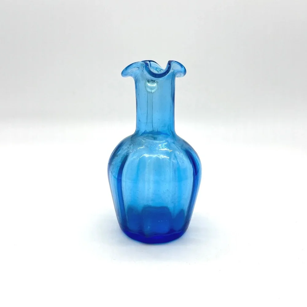 Vintage Blue Mini Blown Glass‎ Pitcher Small Art Glass Bud Vase Ruffled Spout